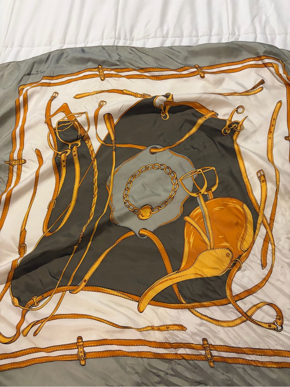 Equestrian Print Satin Scarf in Mustard Yellow, Gray, Cream